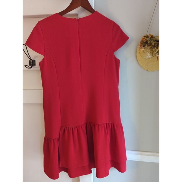 1901 Women's Petite M Bright Red Cap Sleeves Knee Length Ruffle Dress Layered - Picture 4 of 12